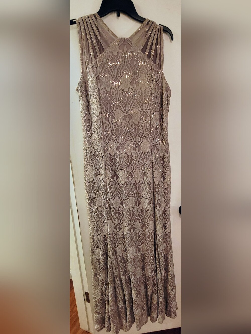 R&M Richards Taupe Lace Maxi Dress with Sequins